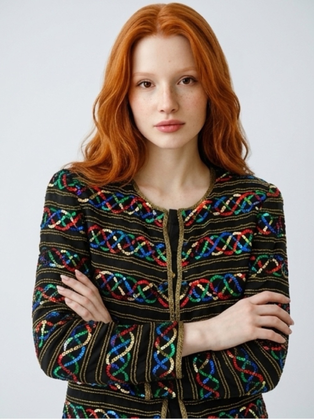 Vintage Laurence Kazar Black Sequin-Embellished Open Jacket with Gold Trim